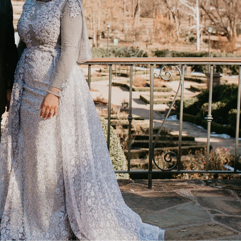 Grey/silver long sleeve MacDuggal evening gown